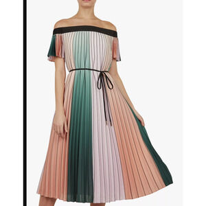 Ted Baker Off Shoulders Belt Fernee Colorblock Pleated Dress Size 1 UK 8 US NEW